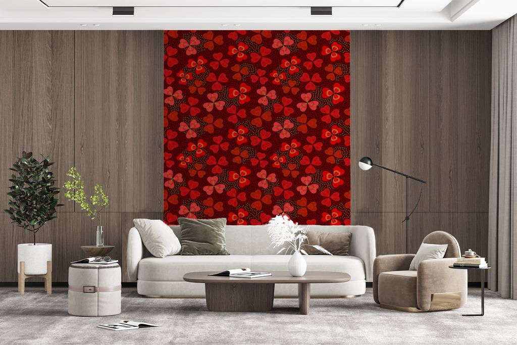 MuchoWow Fototapete für Wohnzimmer oder Schlafzimmer Wandtapete Vinyl Motivtapete Muster - Klee - Rot - 195x260 cm - Wandbild