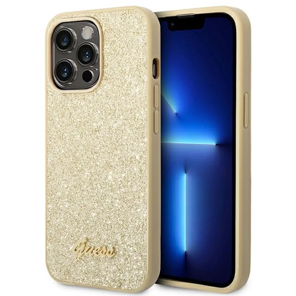 Guess iPhone 14 Pro Custodia Oro Glitter Script | Cover Originale GUHCP14LHGGSHD