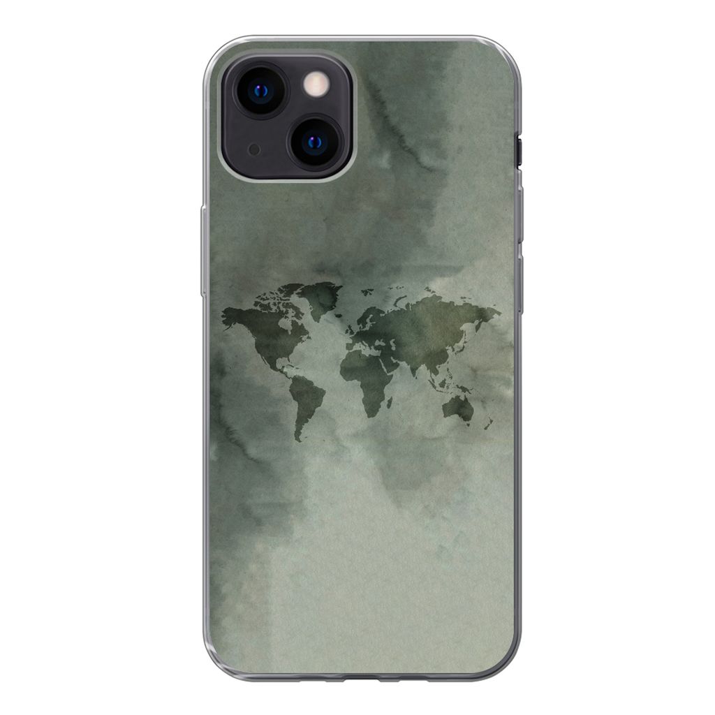 MuchoWow Handyhülle Schutzhülle Hülle für iPhone 13 mini Weltkarte - Grün - Grau Silikon Softcase Handy Hülle - Softcase