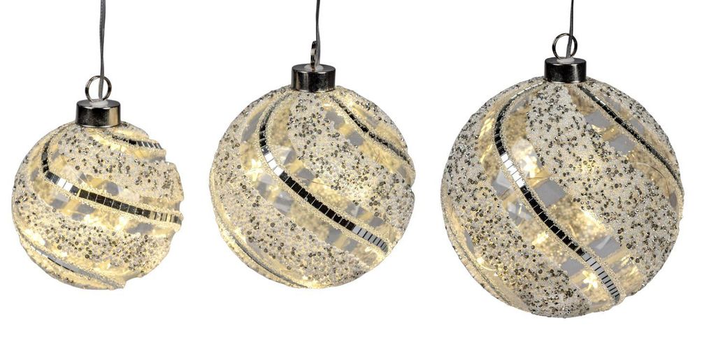 3er Set LED Hängedeko Kugeln Frosty Glitter 10 + 12 + 15cm Produktbild  KI-generiertes Bild