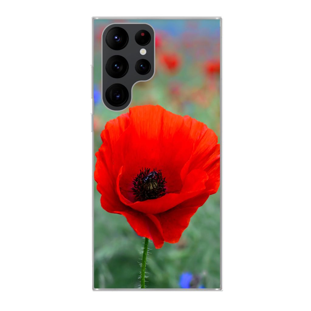 MuchoWow Handyhülle Schutzhülle Hülle für Samsung Galaxy S22 Ultra Lila und rote Mohnblumen auf einer Wiese Silikon Softcase Handy Hülle - A...