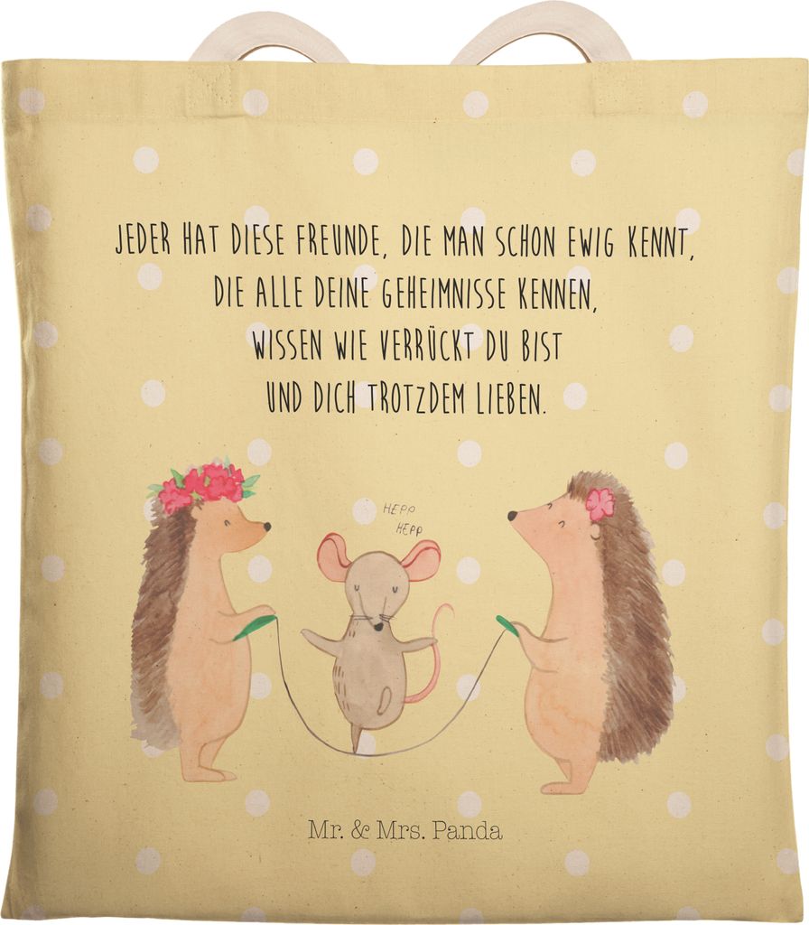 Mr. & Mrs. Panda Einkaufstasche Igel Seilhüpfen - Gelb Pastell - Geschenk, Kindergarten, Gute Laune, Beuteltasche, Beutel, Tote Bag, Kinder, shopp...