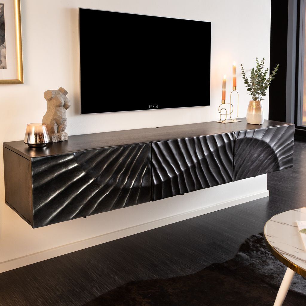 Massives TV-Board SCORPION 160cm schwarz Mangoholz hängend Lowboard