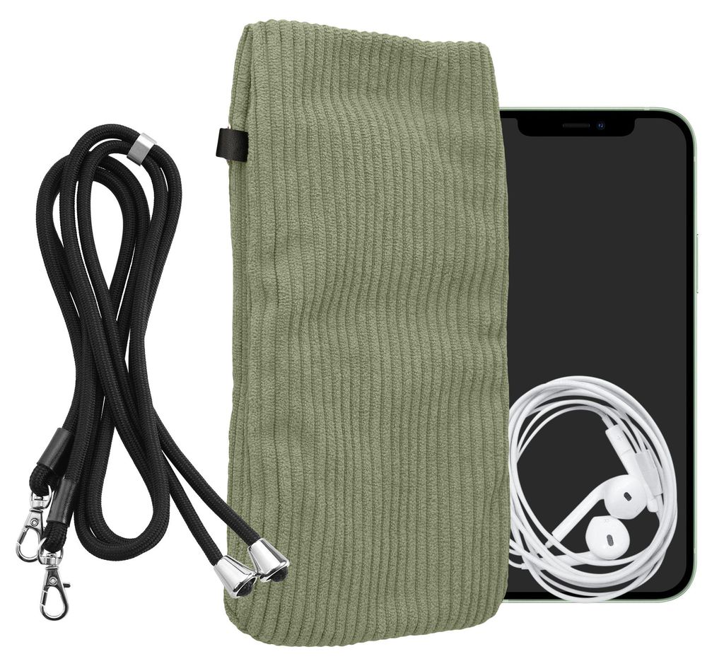 kwmobile Handytasche für Smartphones XL - 6,7/6,8" Handy Tasche - Cord Handy Hülle Graugrün mit Kordel - Tasche mit Handykette 16,7 x 9,5 cm Inn...