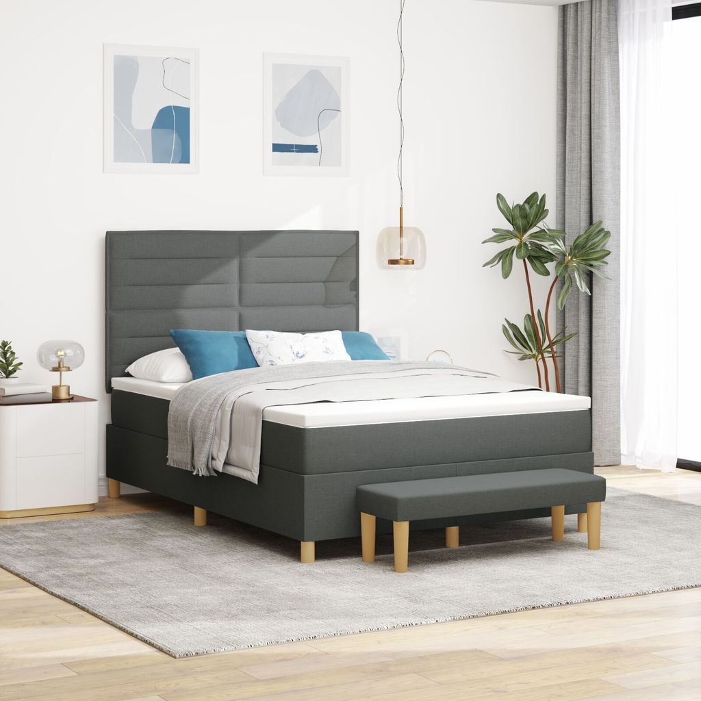 Möbel Boxspringbett mit Matratze & Bank Dunkelgrau 140x190 cm Stoff - Klassische Betten 3344220