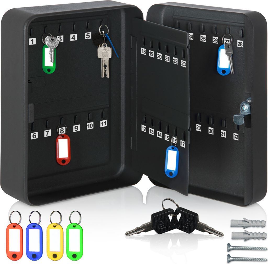 Monzana Schlüsselkasten für 20/48 Haken inkl. 20/48 beschreibbaren Schlüsselanhänger Schlüsselbox abschließbar Stahl Key Box , Anzahl Haken:4...