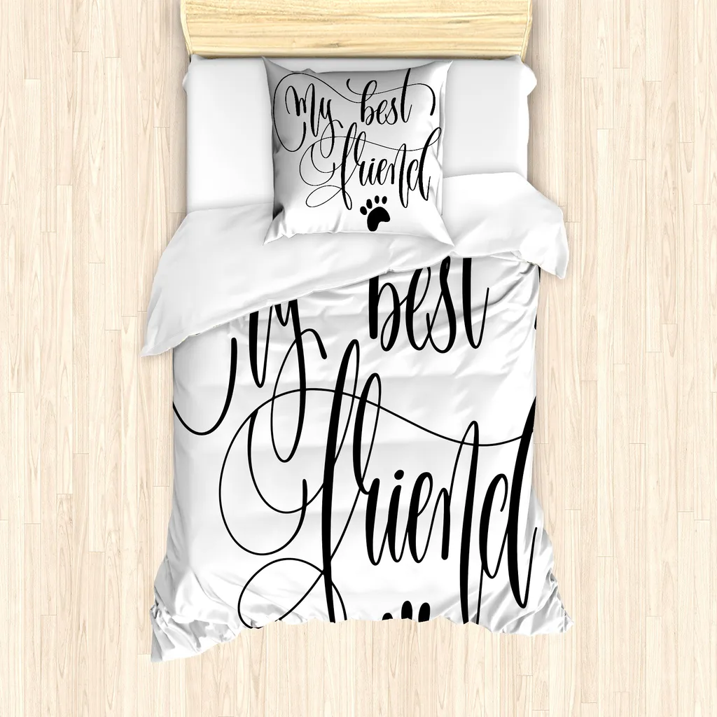 ABAKUHAUS Set copripiumino Best Friend per letti singoli, Positive Paws Words, antiacaro, adatto a chi soffre di allergie, con federa, 135 cm x 200 cm - 80 x 80 cm, grigio antracite bianco