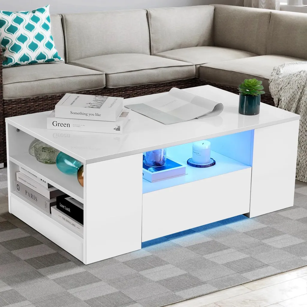 Table basse blanche brillante LED - Solution de rangement salon 2 tiroirs - 3
