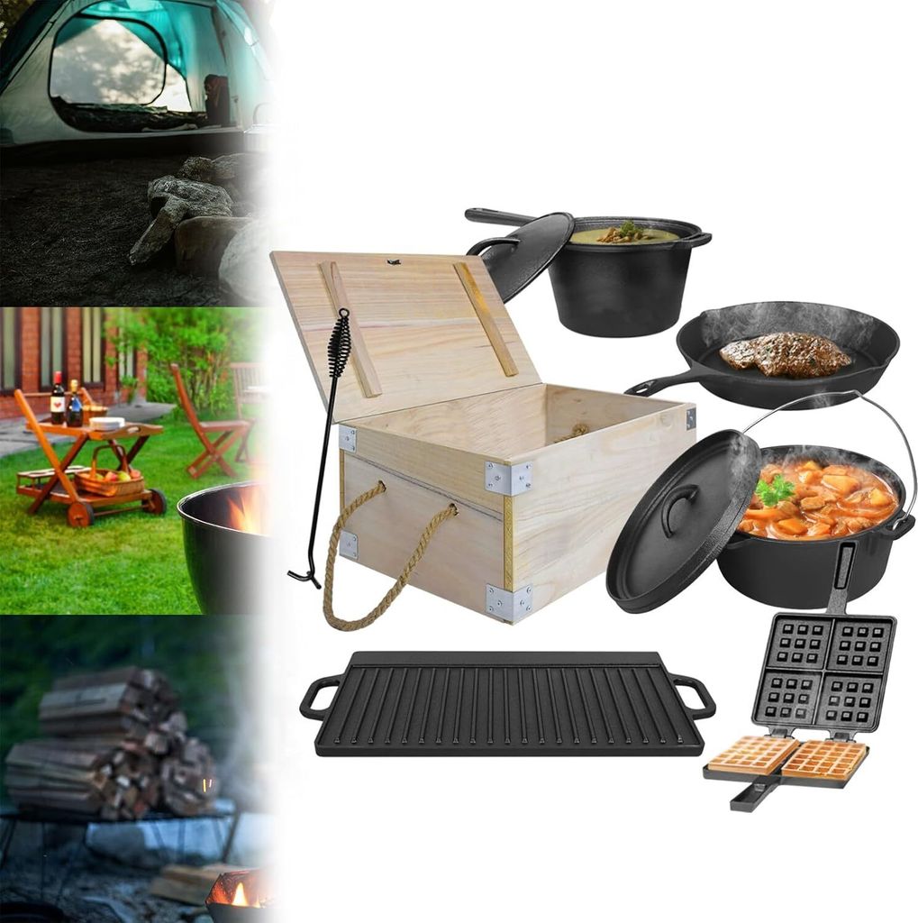 Sessamen-LP Dutch Oven Set 12-teilig in Holzkiste, Campingkocher Grill Zubehör, Eingebrannter Feuertopf aus Gusseisen, Waffeleisen Gusseisen, Gril...