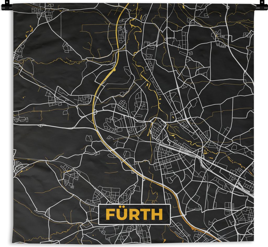MuchoWow Wandteppich Wandbehang Deutschland - Schwarz und Gold - Fürth - Stadtplan - Karte 120x120 cm Tapisserie Dekoration Wandtuch - Modern - ...