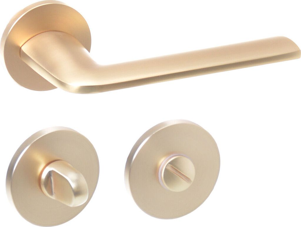 A set of gold-colored door handles and escutcheons against a white background.