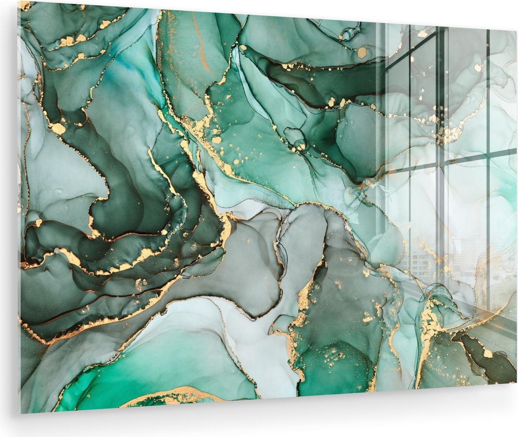 MuchoWow Glasbilder - Bilder auf Wandbild - Foto auf Glas Gold - Marmor - Grün - Luxus - Marmoroptik - Grau 30x20 cm Wanddekoration aus Glas - Acr...