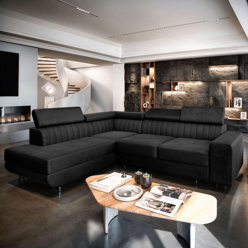 Masseno Ecksofa NOLA L-S mit Schlaffunktion L-Form, Sofa mit Bettkasten, Wohnzimmersofa, Couch, Soffa, Bettsofa, Couchgarnitur- Schwarz, MONOLITH 95