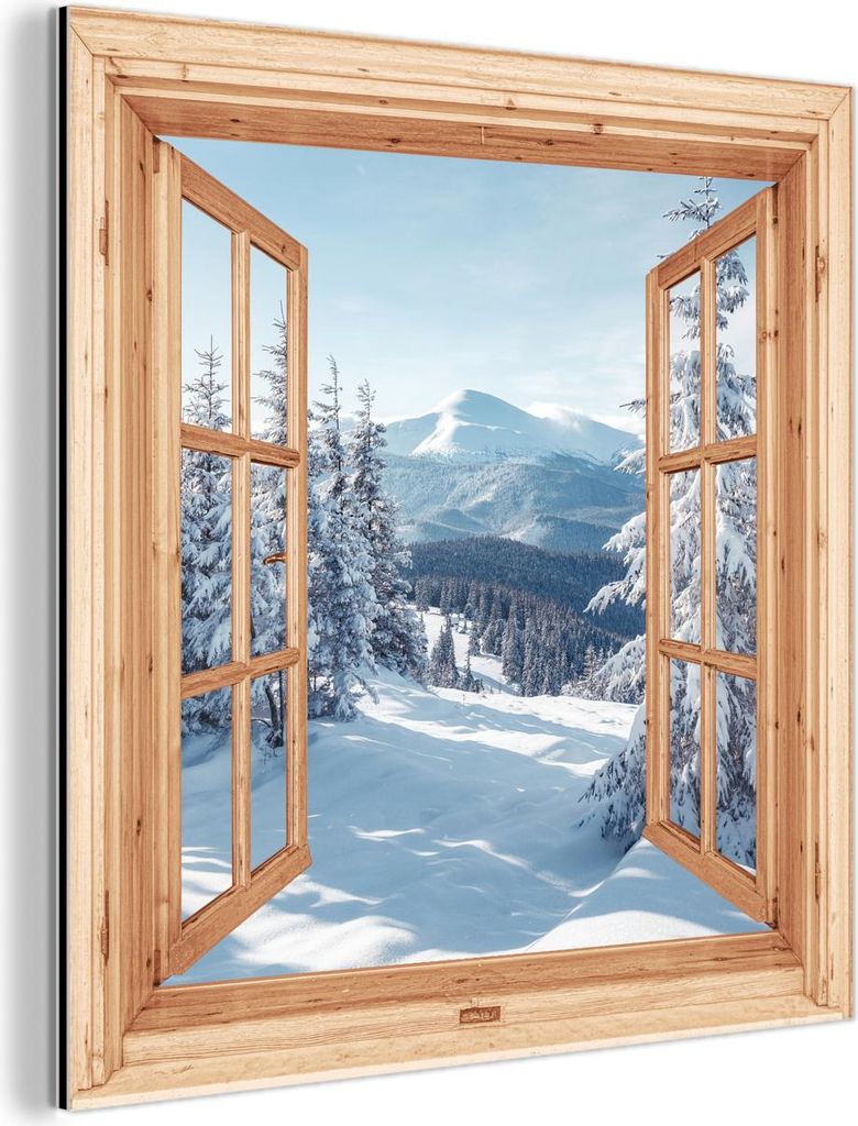 MuchoWow Wanddekoration Metall Metallbild Wandkunst 90x90 cm Durchblick - Winterlandschaft - Natur - Berg - Bäume - Holz MuchoWow Aluminium Gemäl...