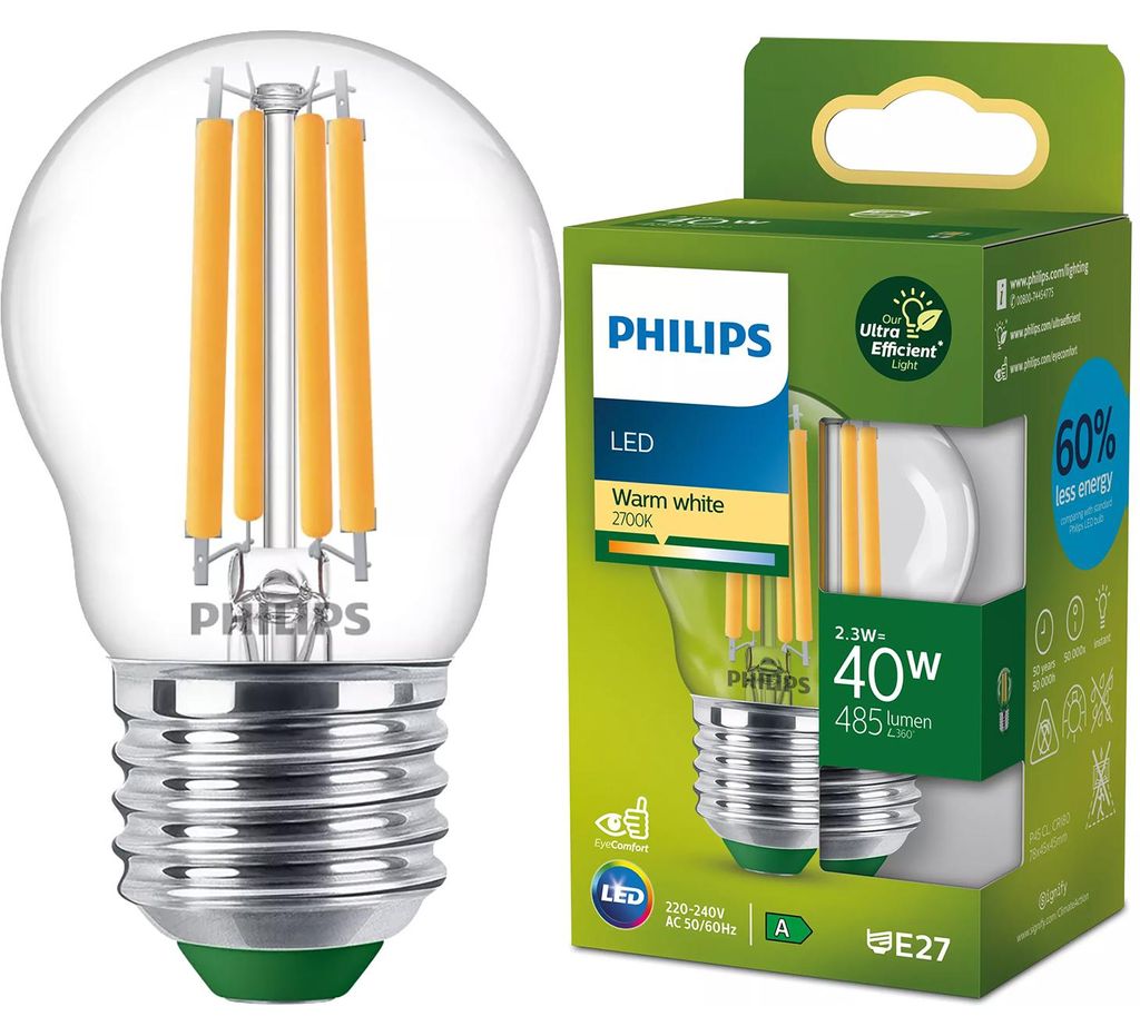 Philips Filament-Lampe Tropfenform, klar, 40 W P45 E27, 2,3 Produktbild 