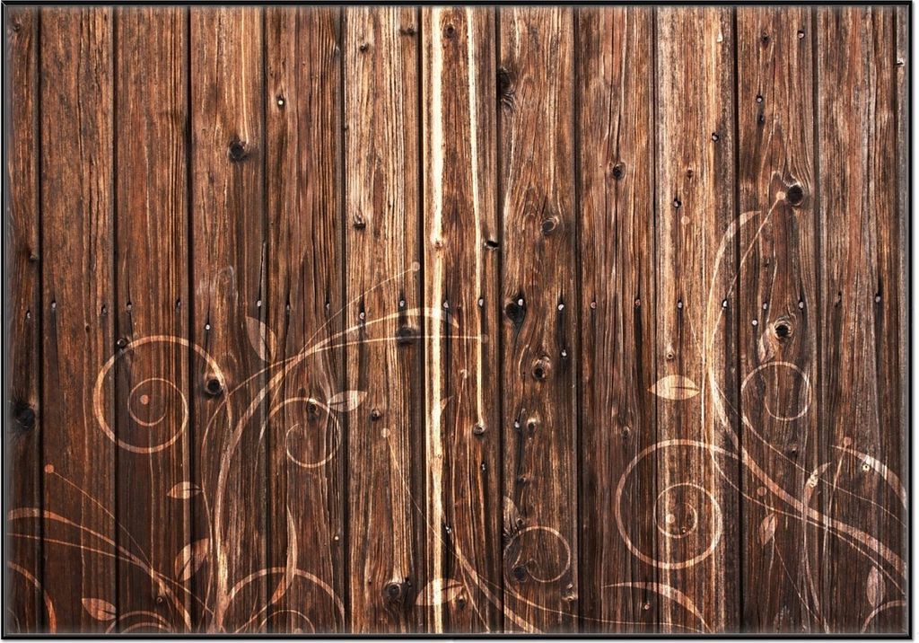 Wallario Wandbild Holz in dunkelbraun mit Blumenmuster - Schnörkel, Größe: 70,30 x 100,30 cm, Poster mit schwarzem Aluminiumrahmen
