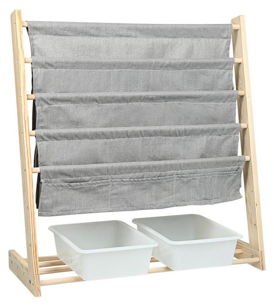 Kinder-Bücherregal - Bücherständer - 4 Ebenen - 3 Taschen - 2 Aufbewahrungsboxen - Holzrahmen - Montage erforderlich - Grau