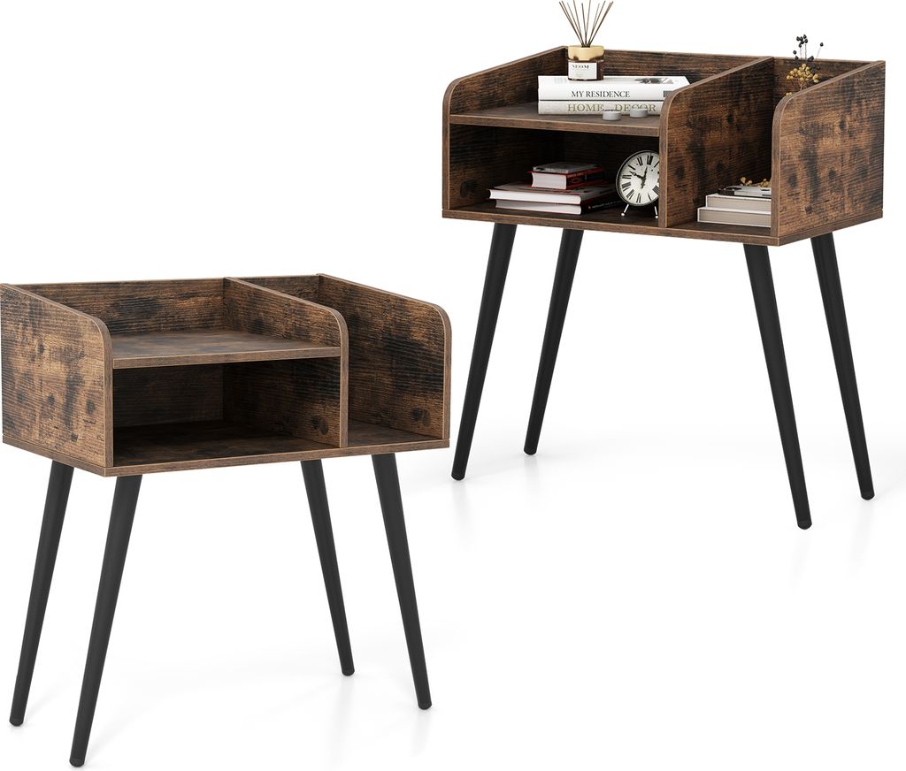 KOMFOTTEU Nachttisch mit offenen Regalen, Beistelltisch 50 x 32 x 58 cm mit Metallbeinen, schmaler Nachtkonsole für Schlafzimmer Wohnzimmer (2, In...