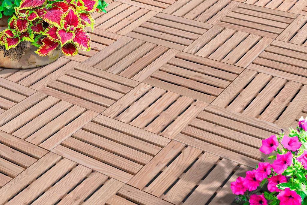 WOODTEX | 6 Pack | Naturbelassen 40x40 cm Terrassenfliesen aus Lärche, Holzfliesen, WPC Terrassenplatten, Holzoptik, verlegefertig, wetterfest, pf...