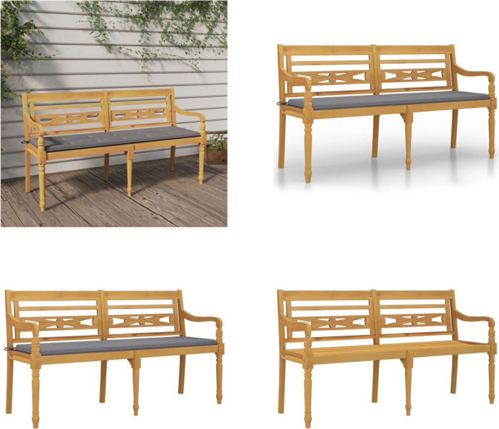 vidaXL Batavia Bank mit Grauem Kissen 150 cm Massivholz Teak - Bank - Bänke - Gartenbank - Sitzbank