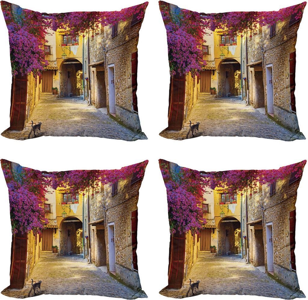 ABAKUHAUS europäisch Kissenbezug Set (4 Stück), Historische Häuser Alley, Moderner Doppelseitiger Digitaldruck, 50 cm x 50 cm, Fuchsia und Gelb