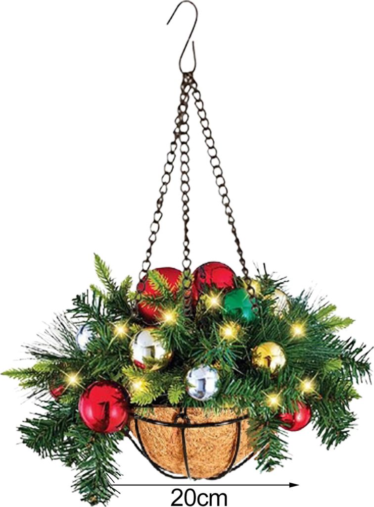 Weihnachts-Hängekorb, handgefertigt, LED-Licht, zum Aufhängen, Tannenzapfen, Beeren im Korb, Außendekoration für Veranda, Balkon, Garten, Fenst...