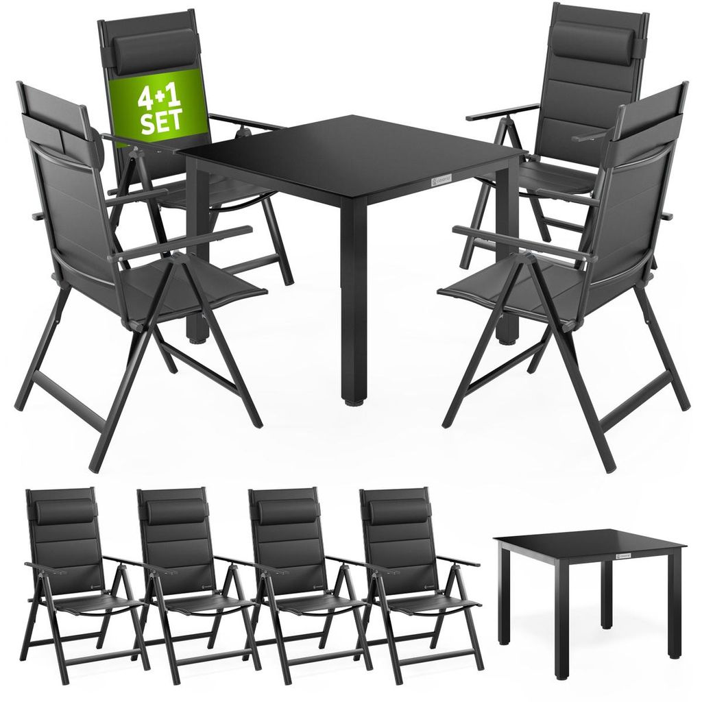 CASARIA Gartenmöbel Set 4 Stühle Klappbar mit Gartentisch Alu inkl. Kopfkissen 8-fach verstellbare Rückenlehne 90x90cm Wetterfest Outdoor Terr...