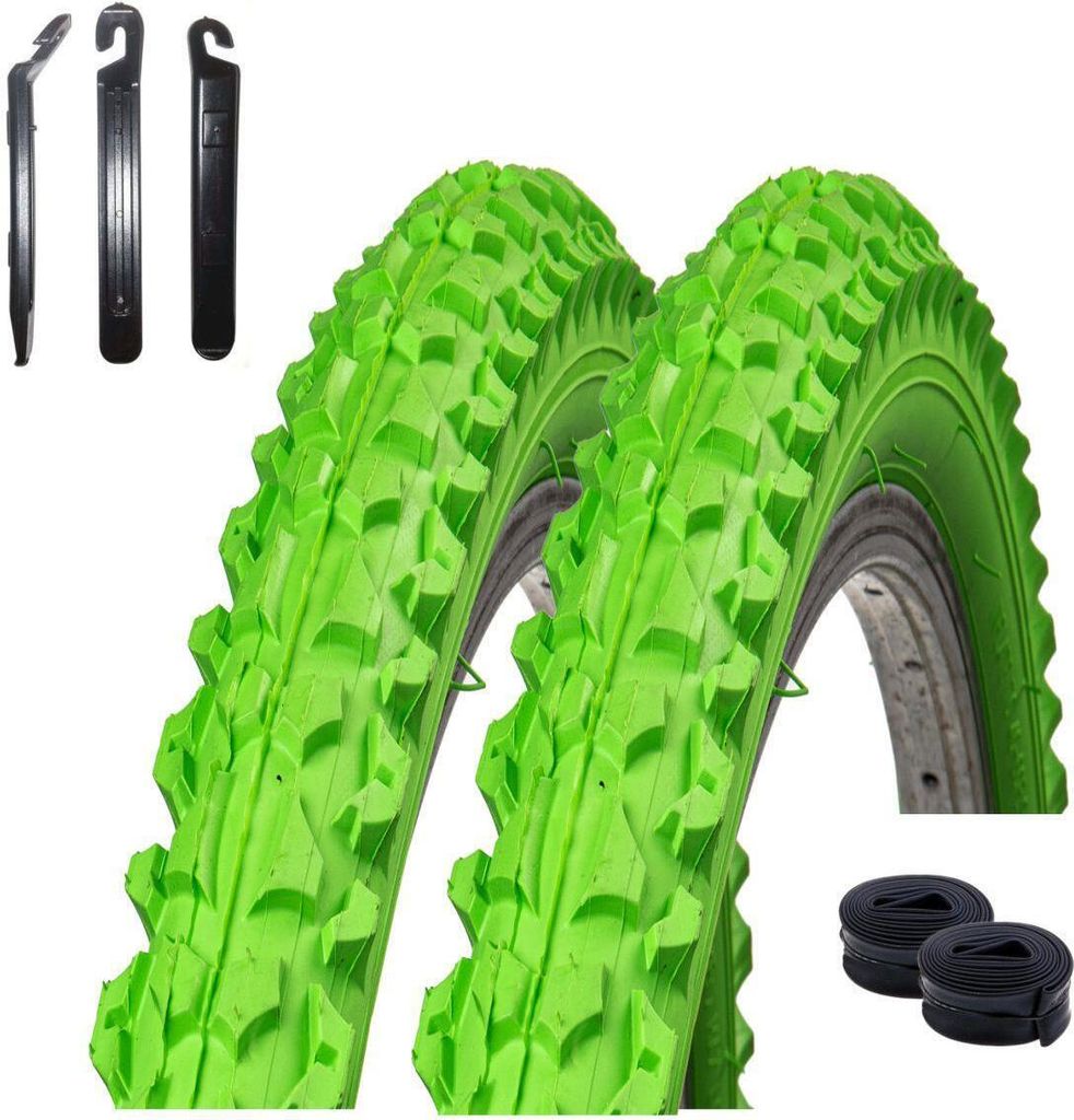 2 x Roverstone 26" Fahrradreifen Fahrradmantel grün 57-559 (26x2,125) + 2 Schläuche DV inkl. Reifenheber