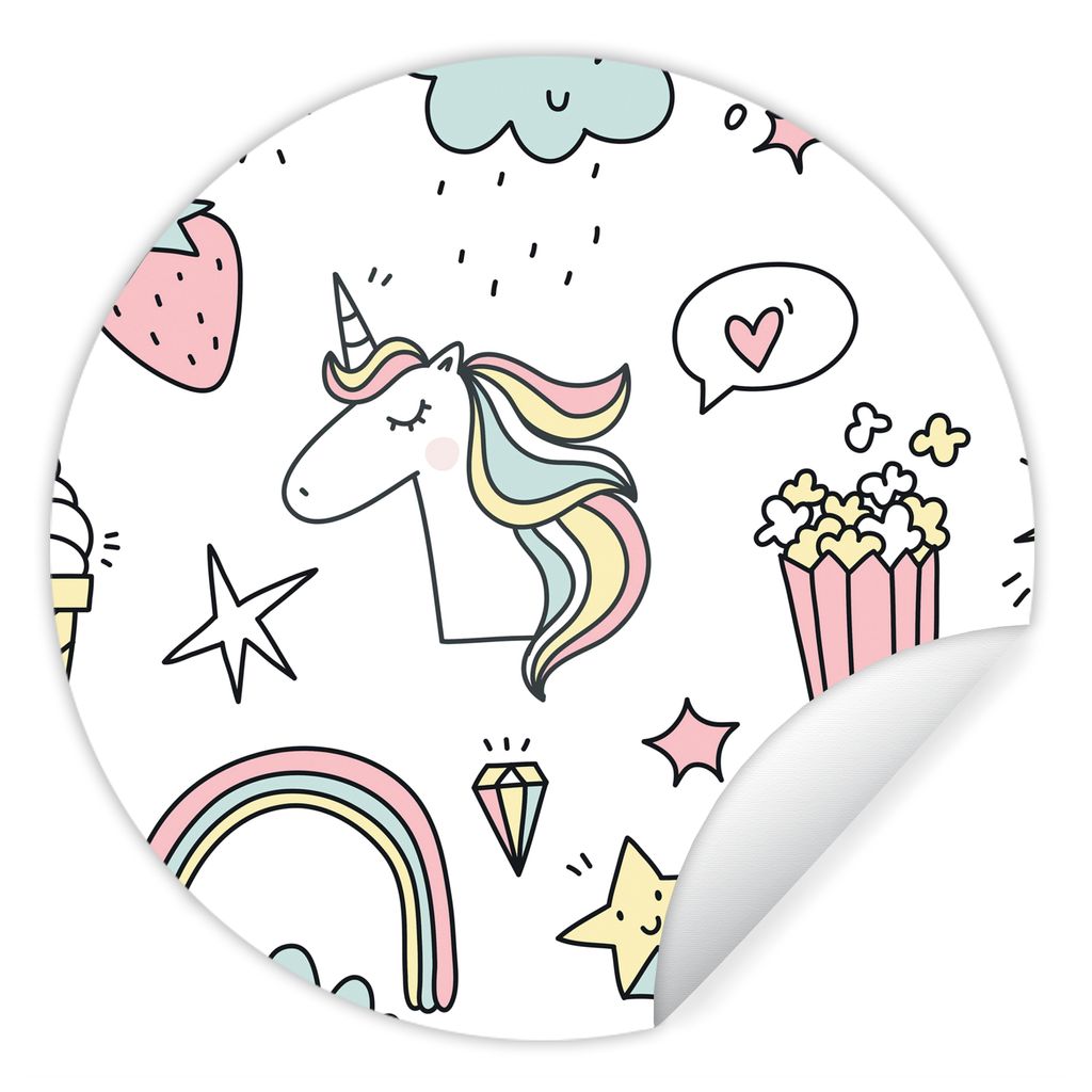 MuchoWow Runde Wandtattoo - Wandsticker Tapete Aufkleber Schnittmuster - Einhorn - Kinder - Mädchen - Regenbogen - Pastell Ø 100 cm Selbstklebe...