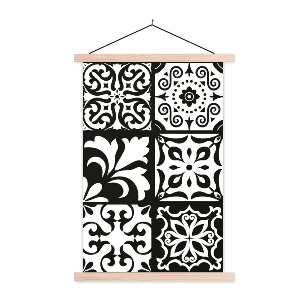 MuchoWow Textilposter Muster - Schwarz - Weiß - Blumen - Abstrakt 60x90 cm mit holzfarbenen Rahmen - Textil