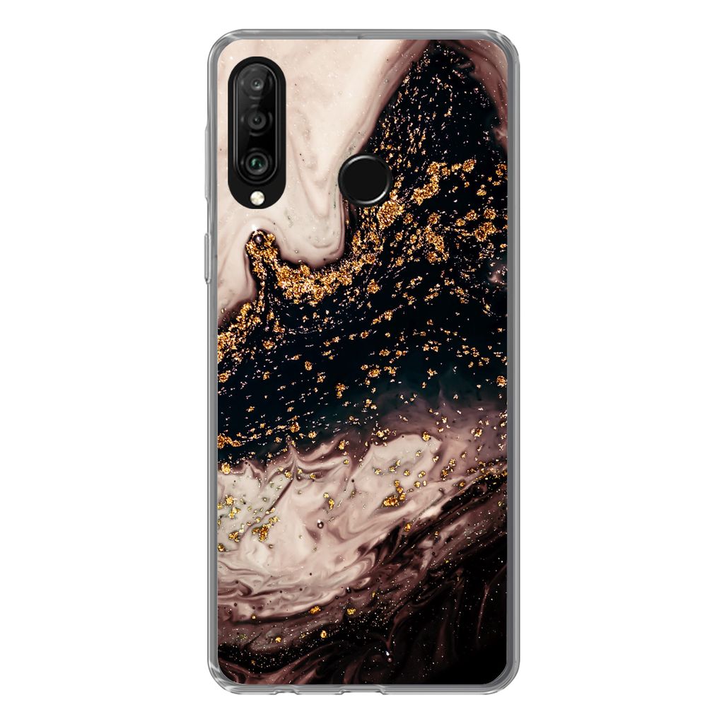 MuchoWow Handyhülle Schutzhülle Hülle für Huawei P30 Lite Naturstein - Gold - Schwarz Silikon Softcase Handy Hülle - Handyhülle