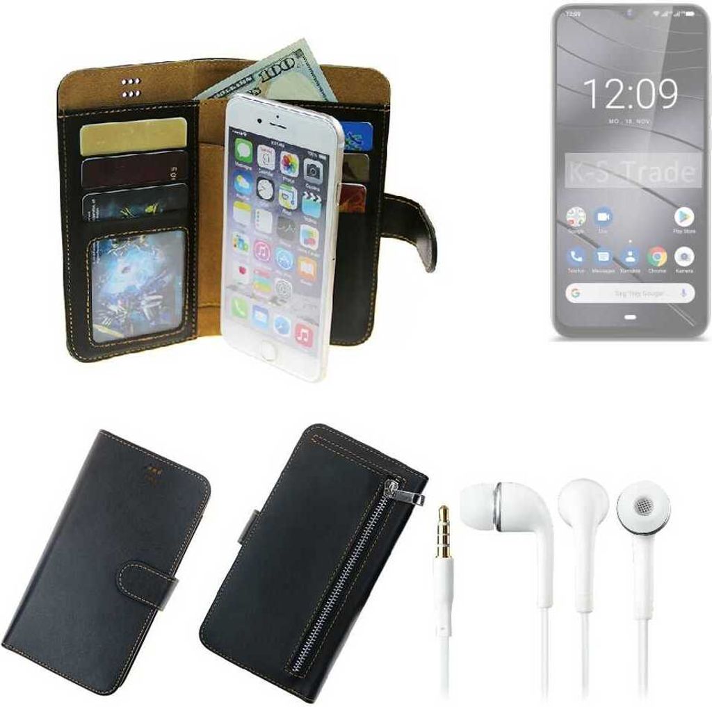 TOP SET Handy Hülle Schutz Hülle kompatibel mit Gigaset GS290 schwarz aus Kunstleder + Kopfhörer Smartphone Tasche vollwertige Geldbörse