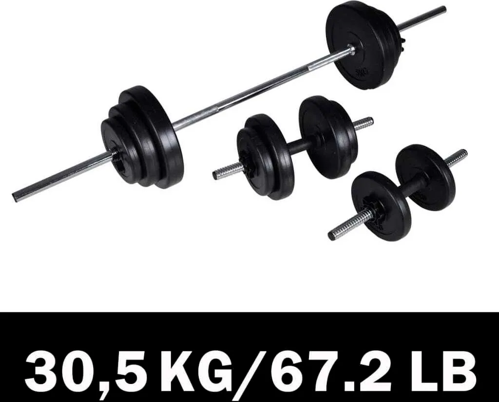 Ensemble d'haltères longs et 2 courts 30,5 kg - Kit Fitness Complet Noir