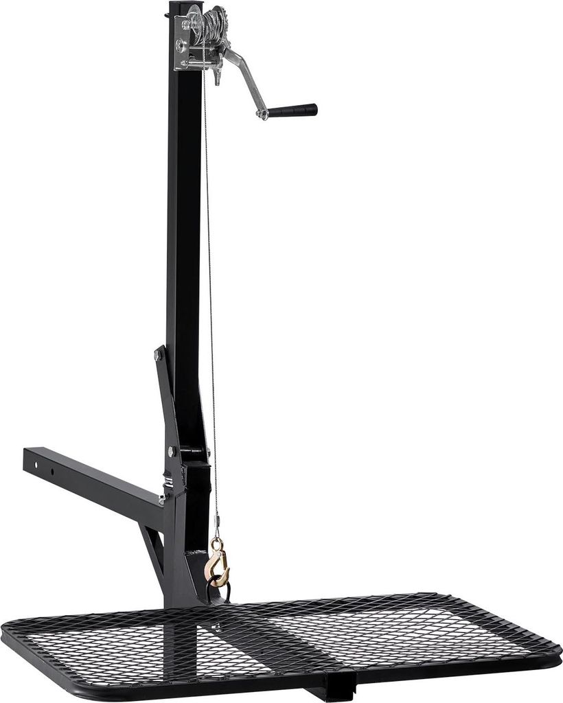 A black trailer hitch cargo carrier with a winch system is shown against a white background.