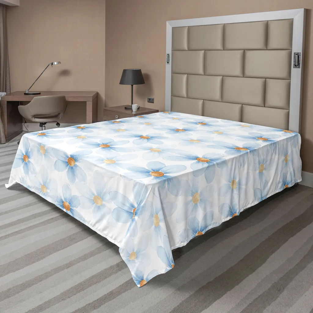 Drap de lit ABAKUHAUS à fleurs aquarellées pastel, 244 x 205 cm, bleu