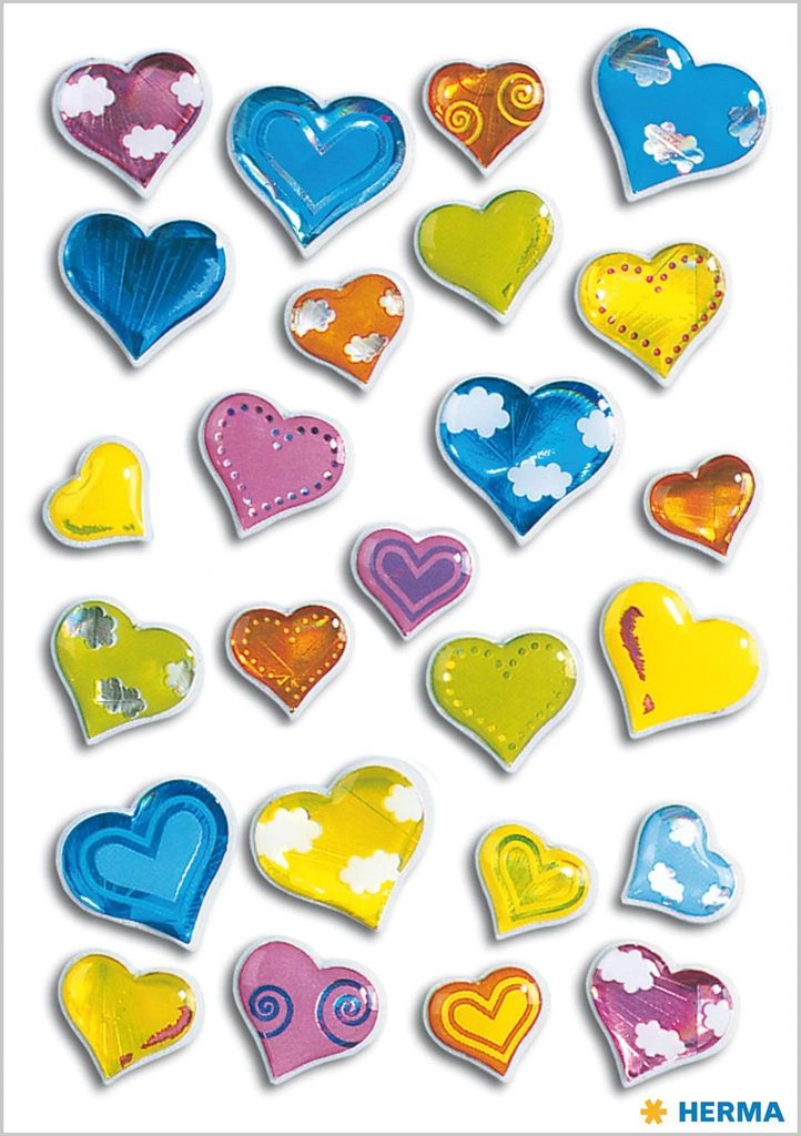 HERMA 5217 Aufkleber Herzen Bunt klein, 25 Stück, 3D Herz Sticker in blau gelb grün rosa, Etiketten in Herzform für Valentinstag Liebe Hochzeit ...