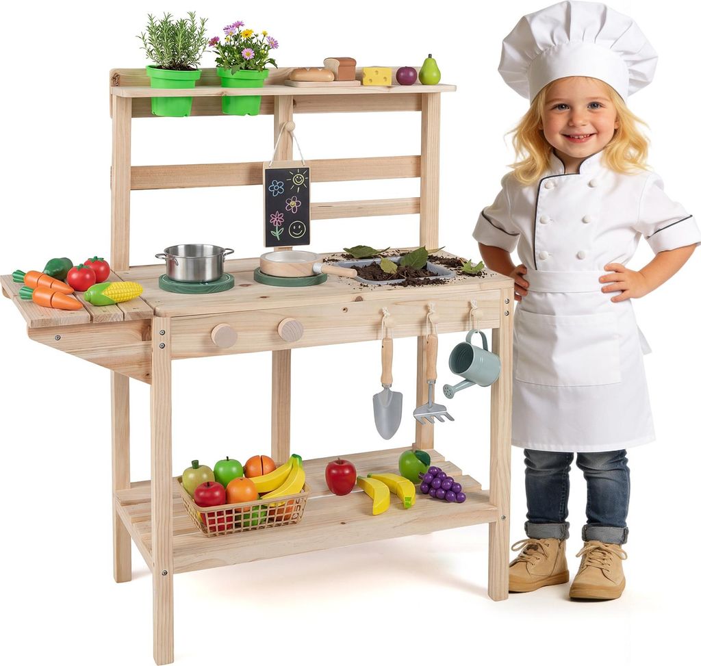 COSTWAY Matschküche Kinder Outdoor, Kinderküche Holz mit Herd, Spüle, Tafel, Pflanzkästen & Haken, Spielküche Gartenküche für Kinder ab 3 Ja...