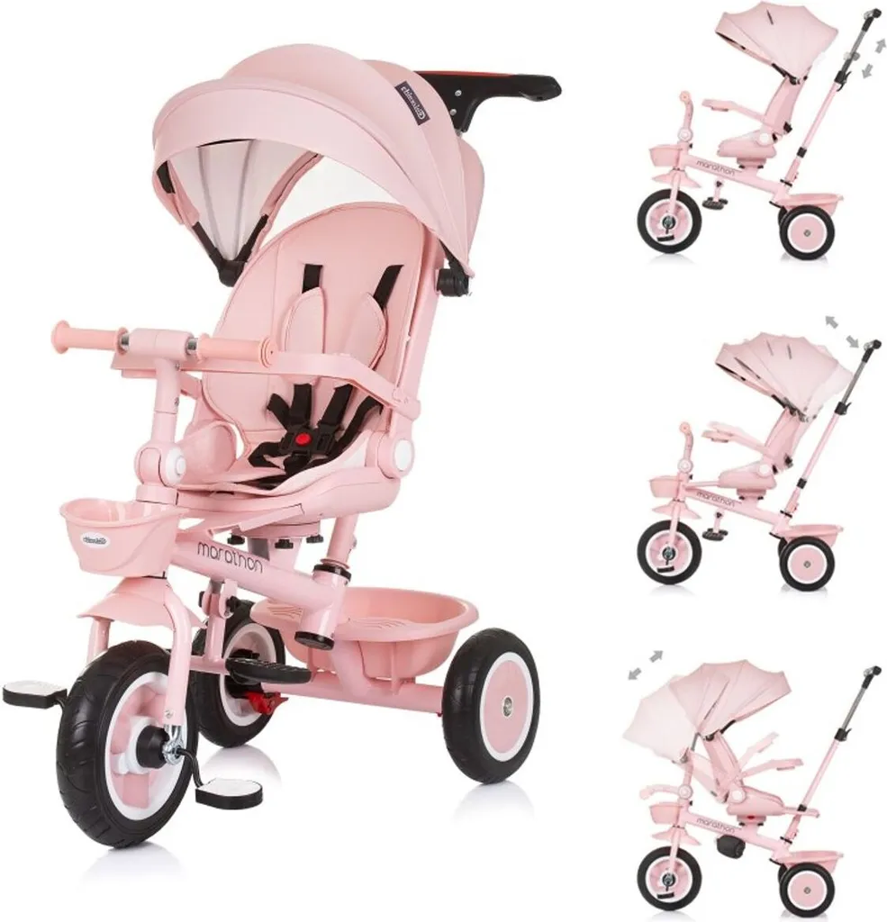 Poussette tricycle 2 en 1 rose pour bébé avec de grandes roues en gomme