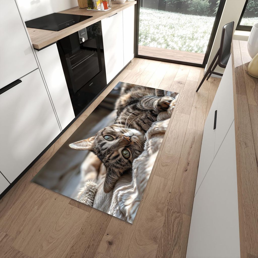 Küchenteppich 90x180cm rutschfest & abwischbar PVC Läufer - Gemütliche Katze