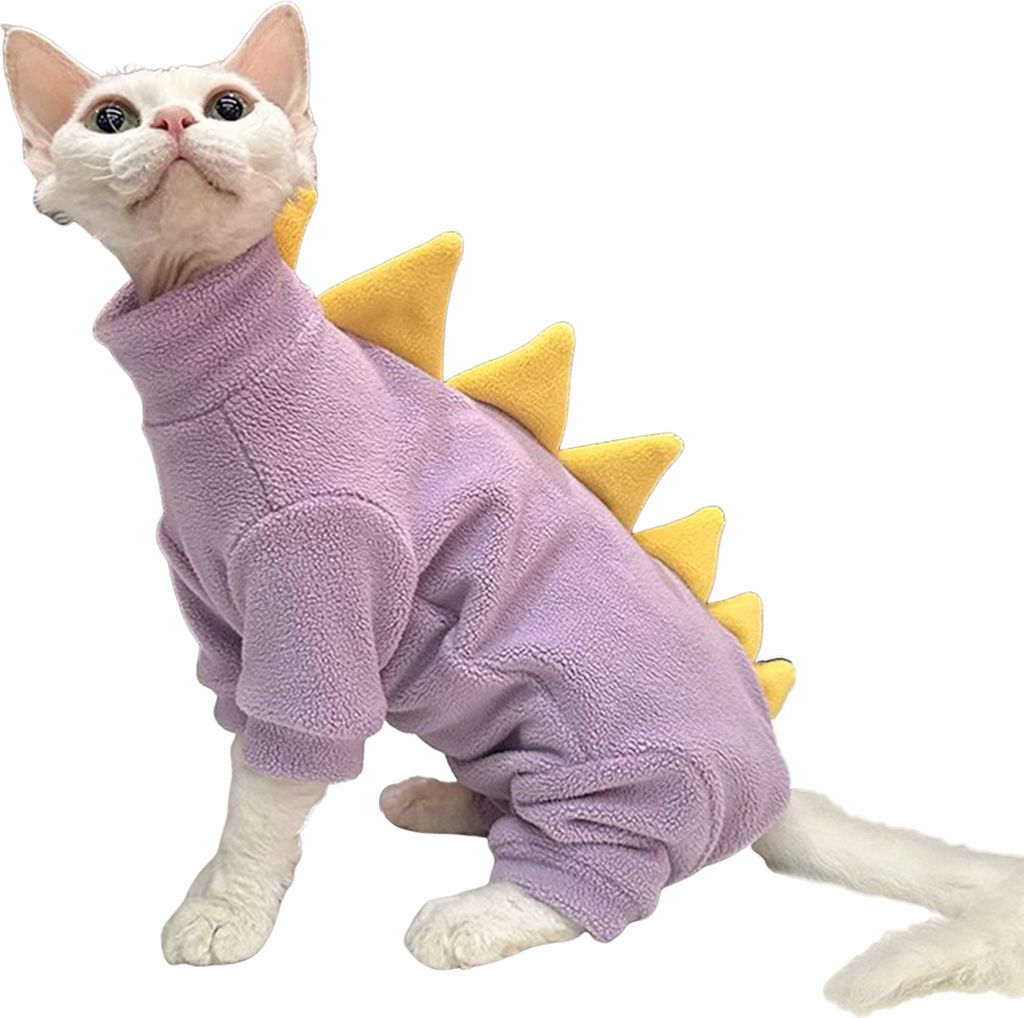 Dinosaurier-Katzenkleidung, Winter-Sphynx-Katzen-Pyjama, Kostüm, weiches Fleece, warme Katzenjacke für haarlose Hauskatzen