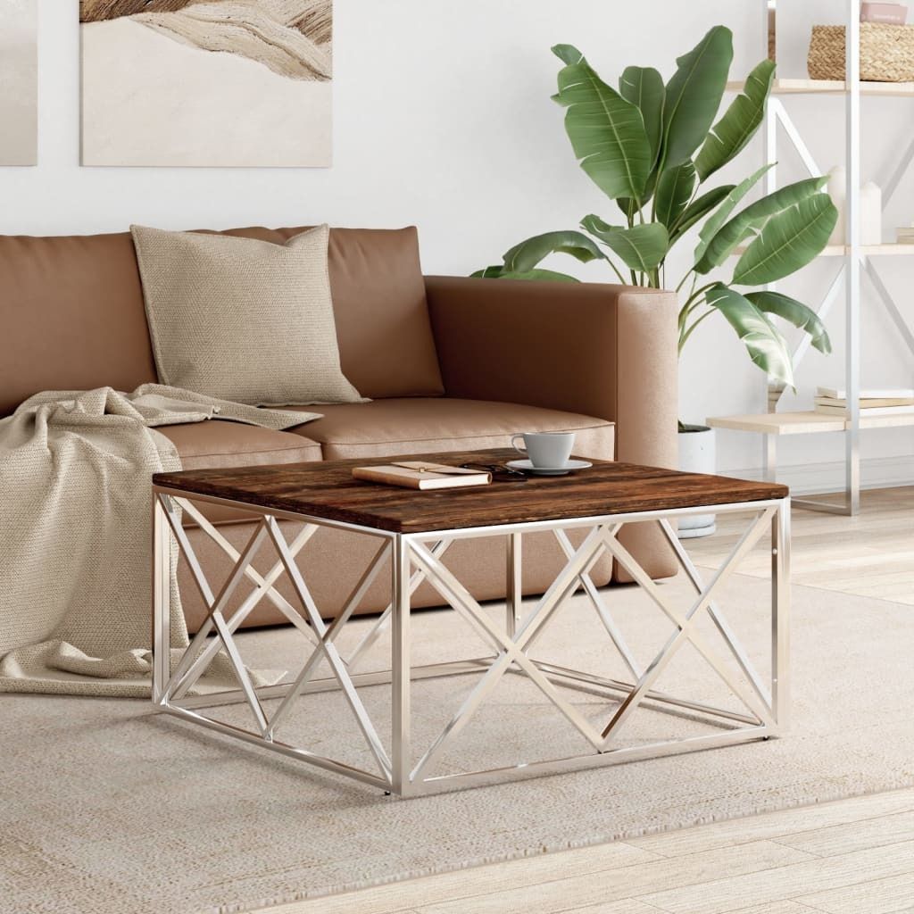 The Living Store Couchtisch Edelstahl und Altholz Massiv