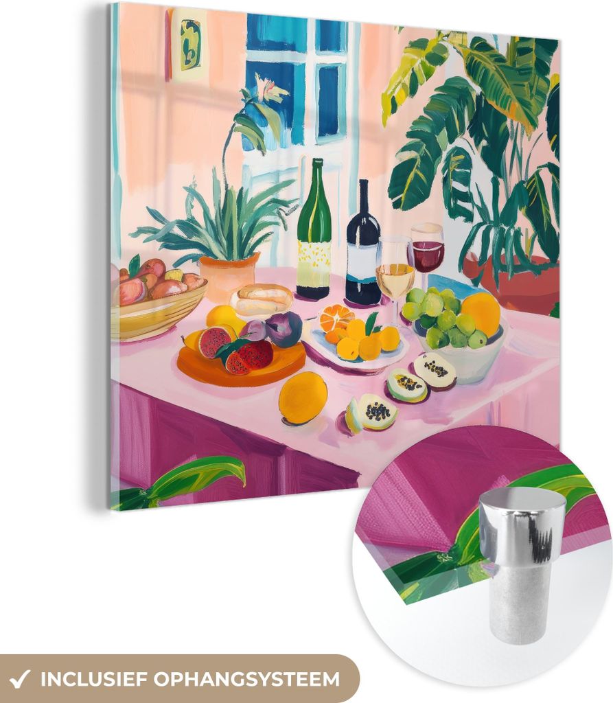 MuchoWow Glasbilder - Bilder auf Wandbild - Foto auf Glas Tisch - Wein - Obst 40x40 cm Wanddekoration aus Glas - Acrylglasbild - Acrylbilder