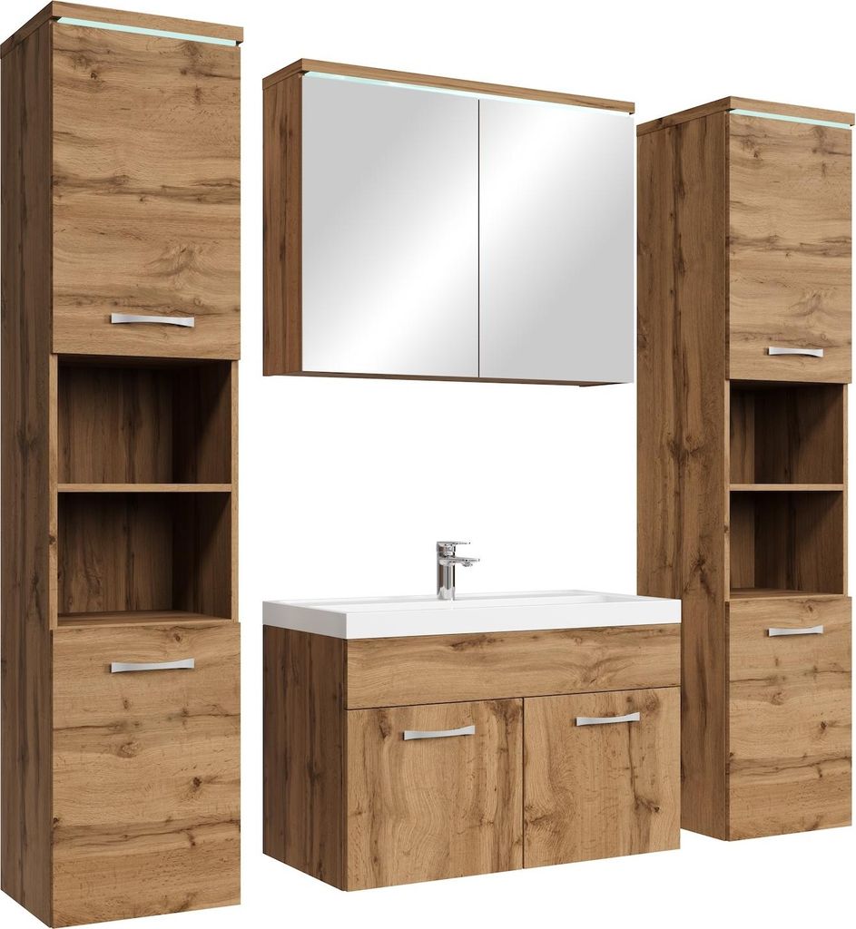 Badplaats Badmöbel Komplettset Paso XL LED 80 x 40 cm Eiche - Badezimmermöbel mit Waschbecken, Spiegelschrank und 2 Badezimmerschränke