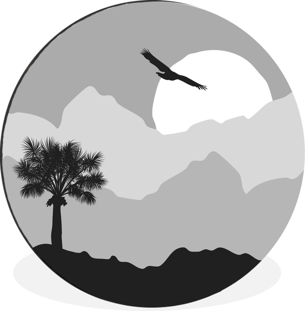 MuchoWow Aluminium Wandkreis Sonne - Palme - Vogel - Schwarz - Weiß Ø 60 cm Wanddeko Modern Wohnzimmer - Wand Kreis - Wandbild - Schlafzimmer -...