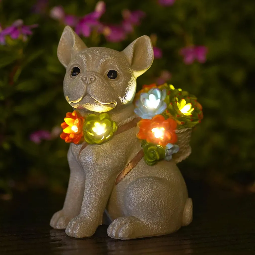 Chien de Jardin Solaire LED - Statue Résine avec Plantes Grasses de Déco