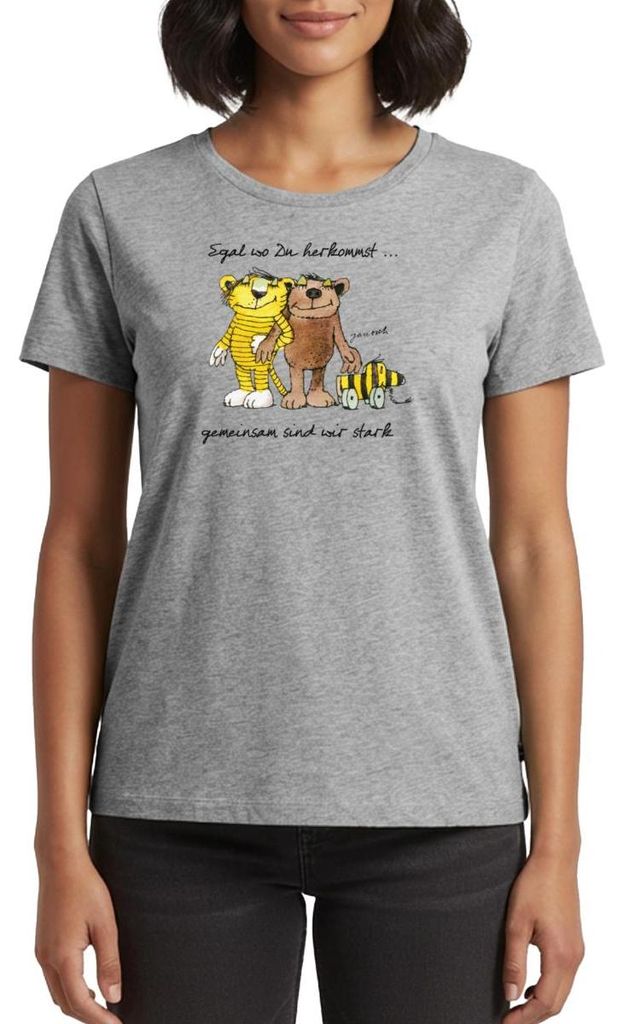 Spreadshirt Janosch Bär Tigerente Tiger Gemeinsam Stark Frauen Premium T-Shirt, XS, Grau meliert