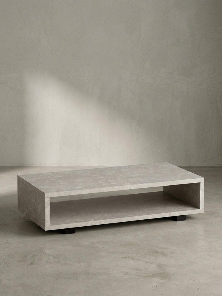 Couchtisch 100x50x25 cm Sandfarben Sofatisch in Stein-Optik Modern, Design Wohnzimmertisch Rechteckig mit Stauraum, Loungetisch Beige Schlicht, Kaf...
