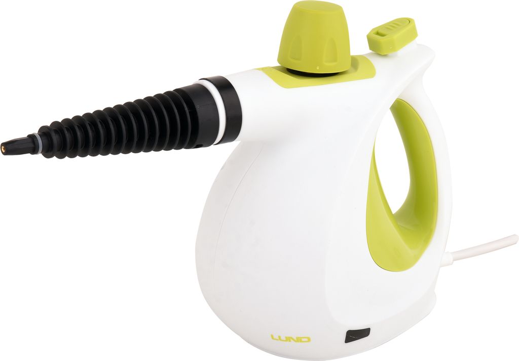 A white and green handheld steam cleaner against a white background.