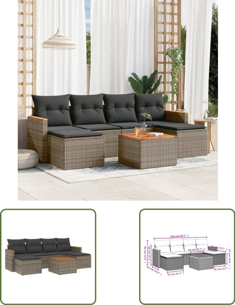 The Living Store 7-tlg. Garten-Sofagarnitur mit Kissen Grau Poly Rattan