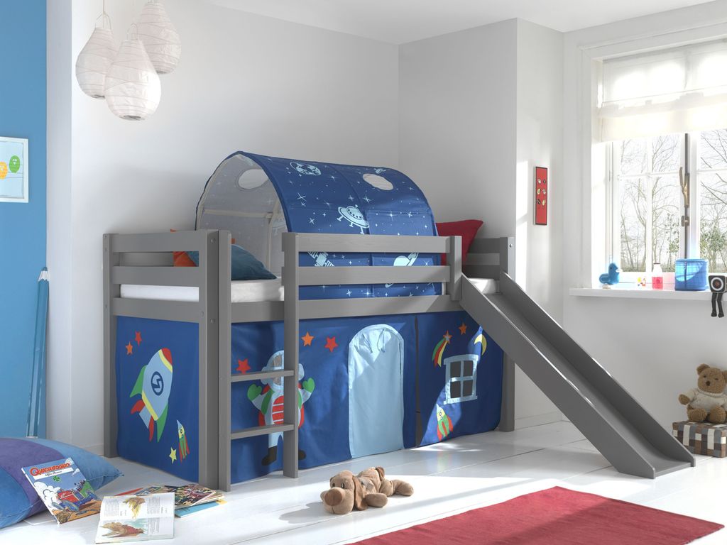 Vipack Spielbett Pino inkl. Rutsche mit Textilset Vorhang und Tunnel "Astro"